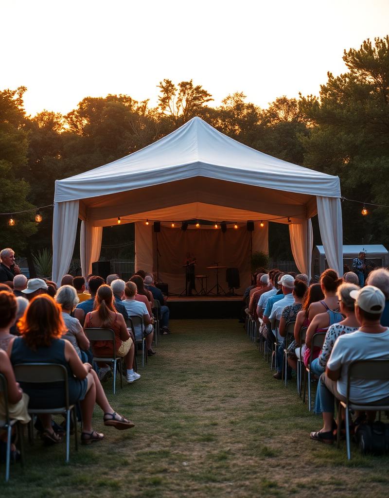 Community event at sunset under a marquee