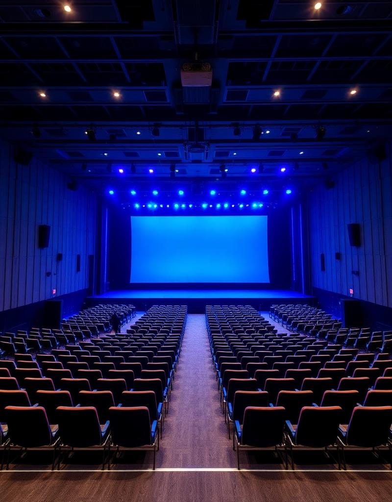 Corporate conference auditorium with stage lighting